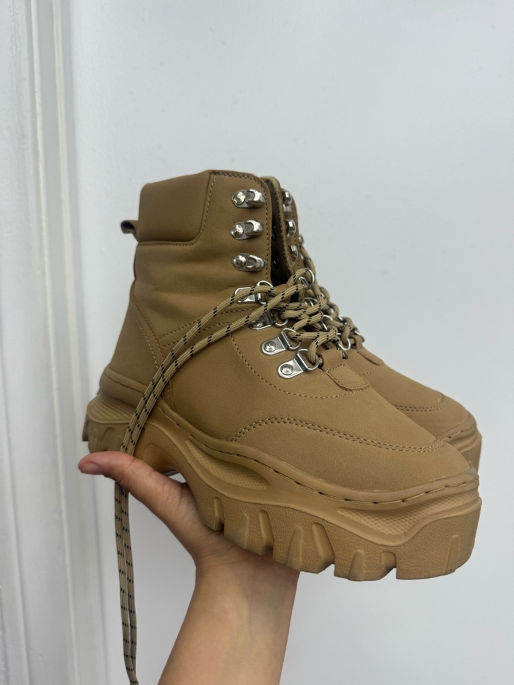 Platform Hiker Boots in Tan - Women's Chunky Lace-Up